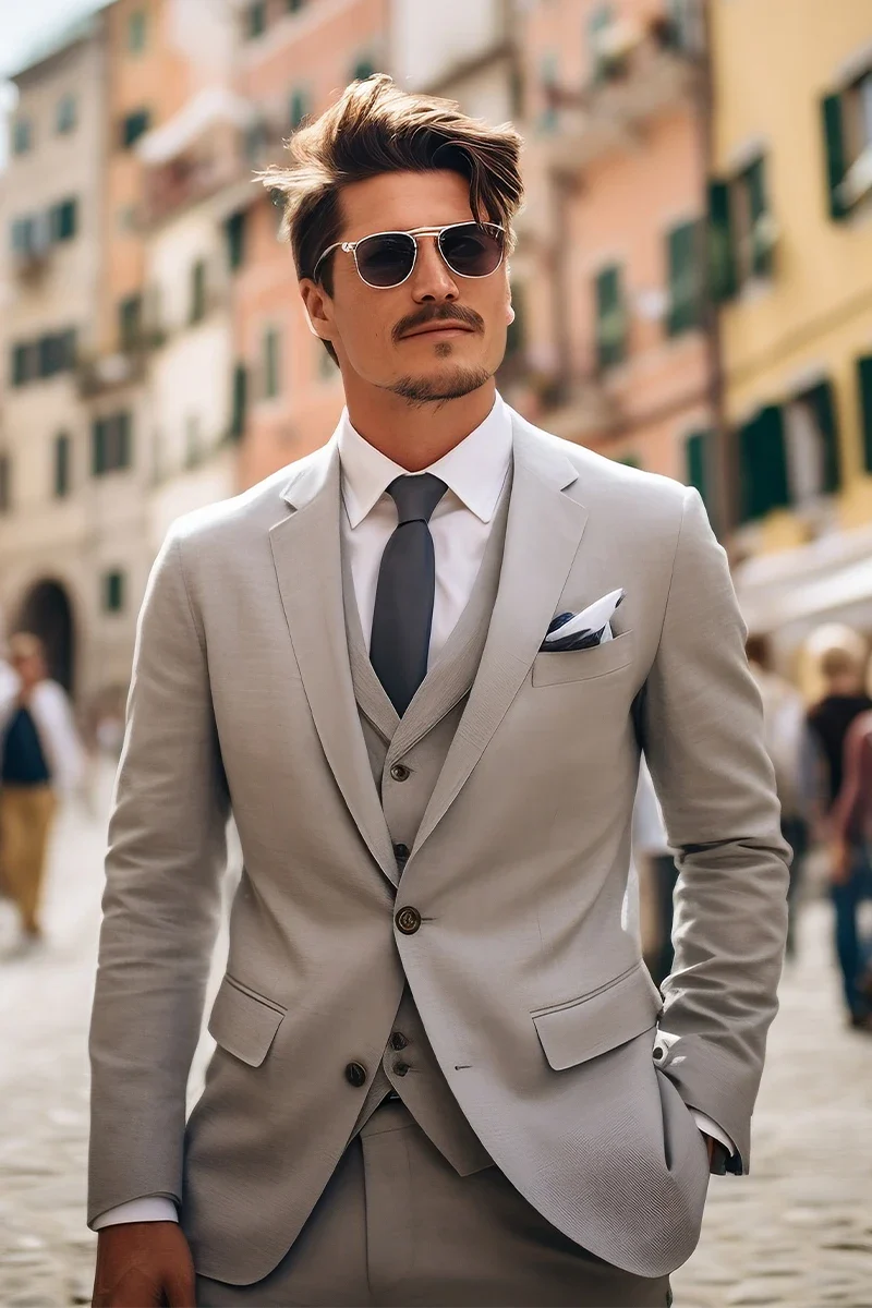 Ash Grey Tailored Suiting Fabric 3-Piece Groom Suit - Image 2