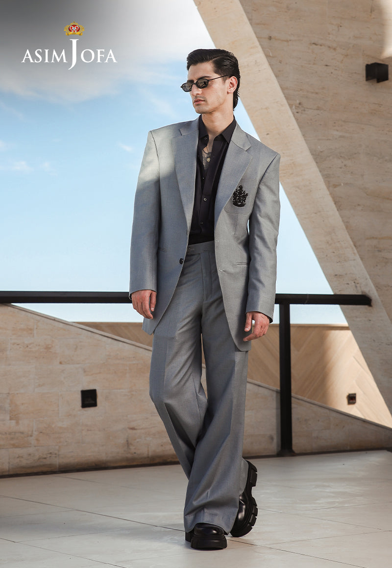 Grey Embroidered Suiting Fabric 2-Piece Groom Suit - Image 1