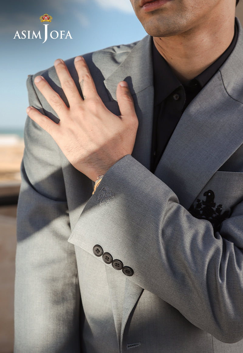 Grey Embroidered Suiting Fabric 2-Piece Groom Suit - Image 6