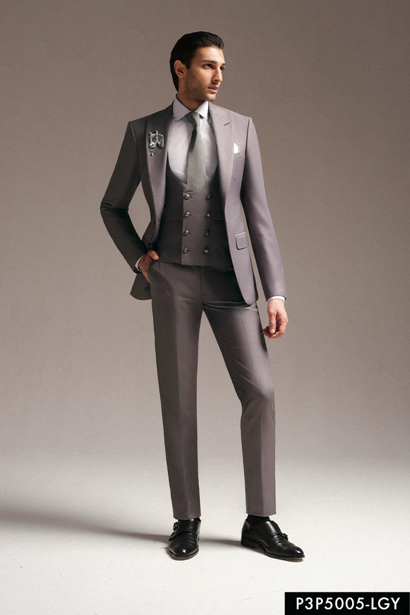 Light Grey Suiting Fabric 3-Piece Groom Suit - Image 1
