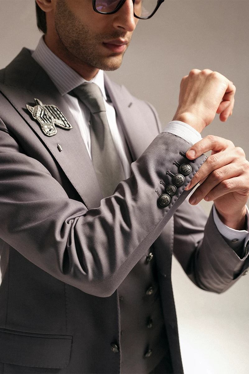 Light Grey Suiting Fabric 3-Piece Groom Suit - Image 2