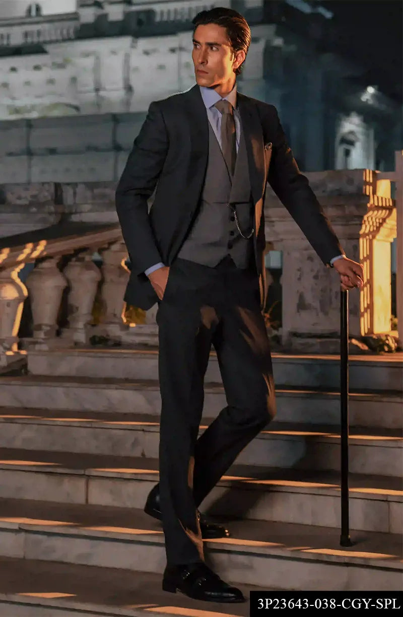Charcoal Grey Champa Hem Wool Three-Piece Suit (3-Piece) - Image 1