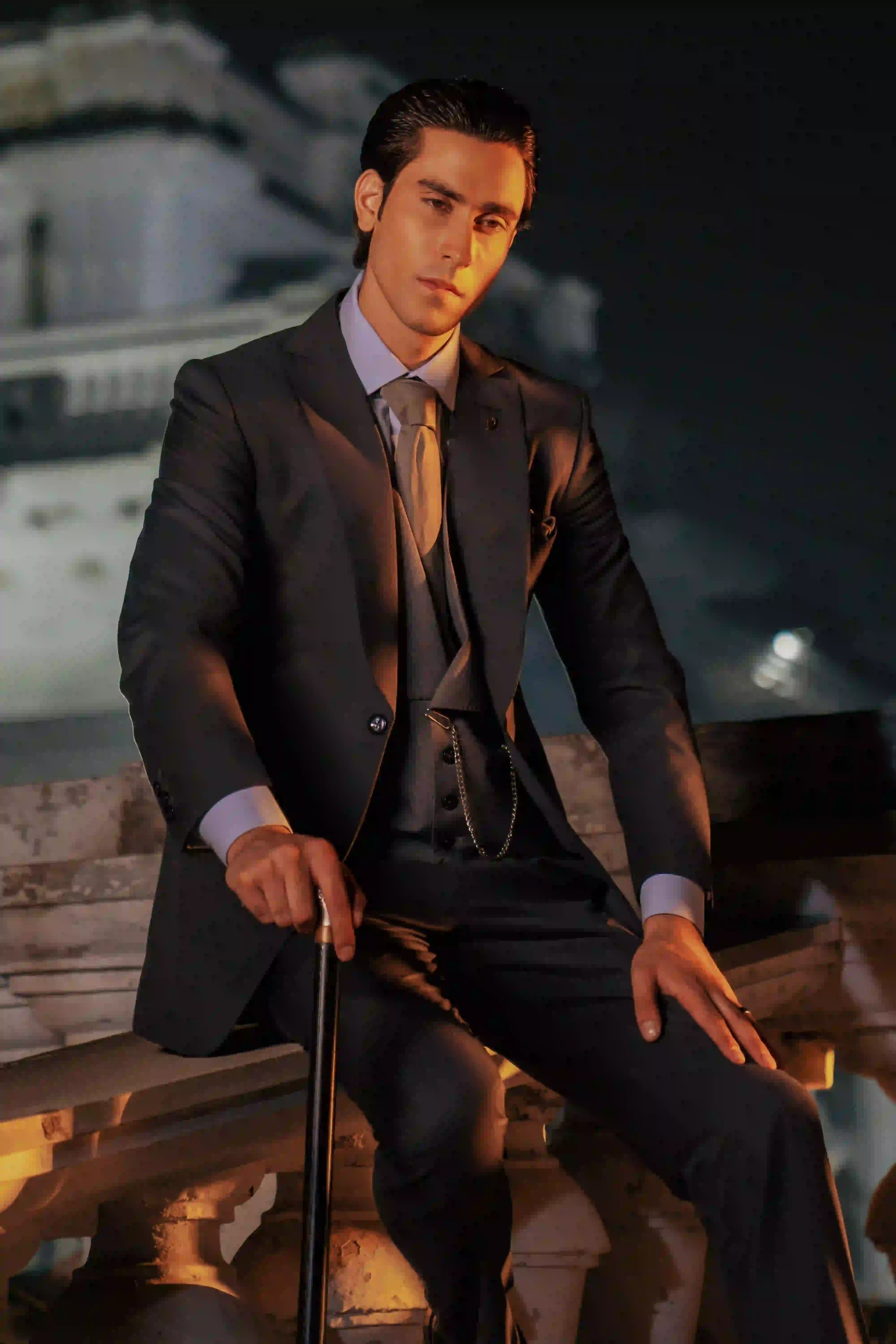 Charcoal Grey Champa Hem Wool Three-Piece Suit (3-Piece) - Image 2