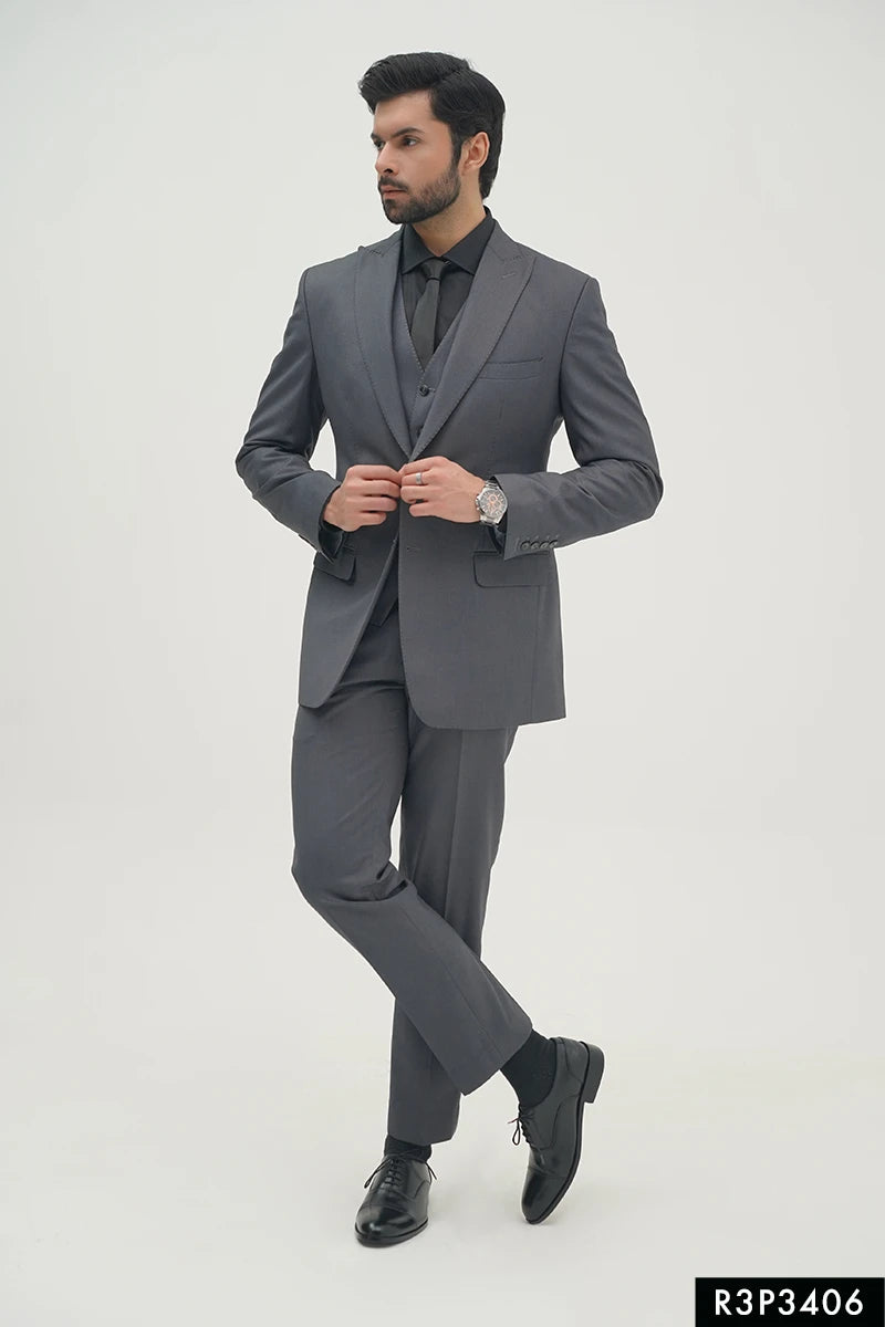 Charcoal Grey Suiting Wool 3-Piece Groom Suit - Image 1