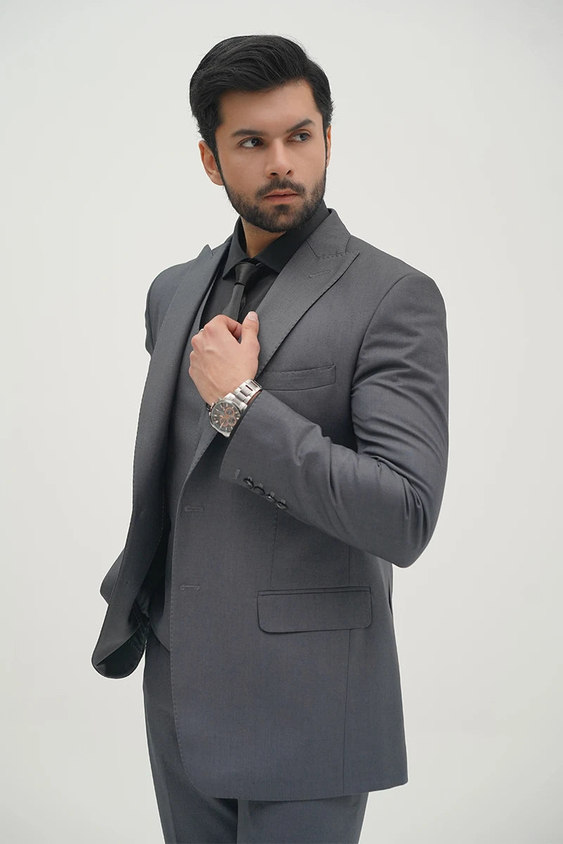 Charcoal Grey Suiting Wool 3-Piece Groom Suit - Image 2