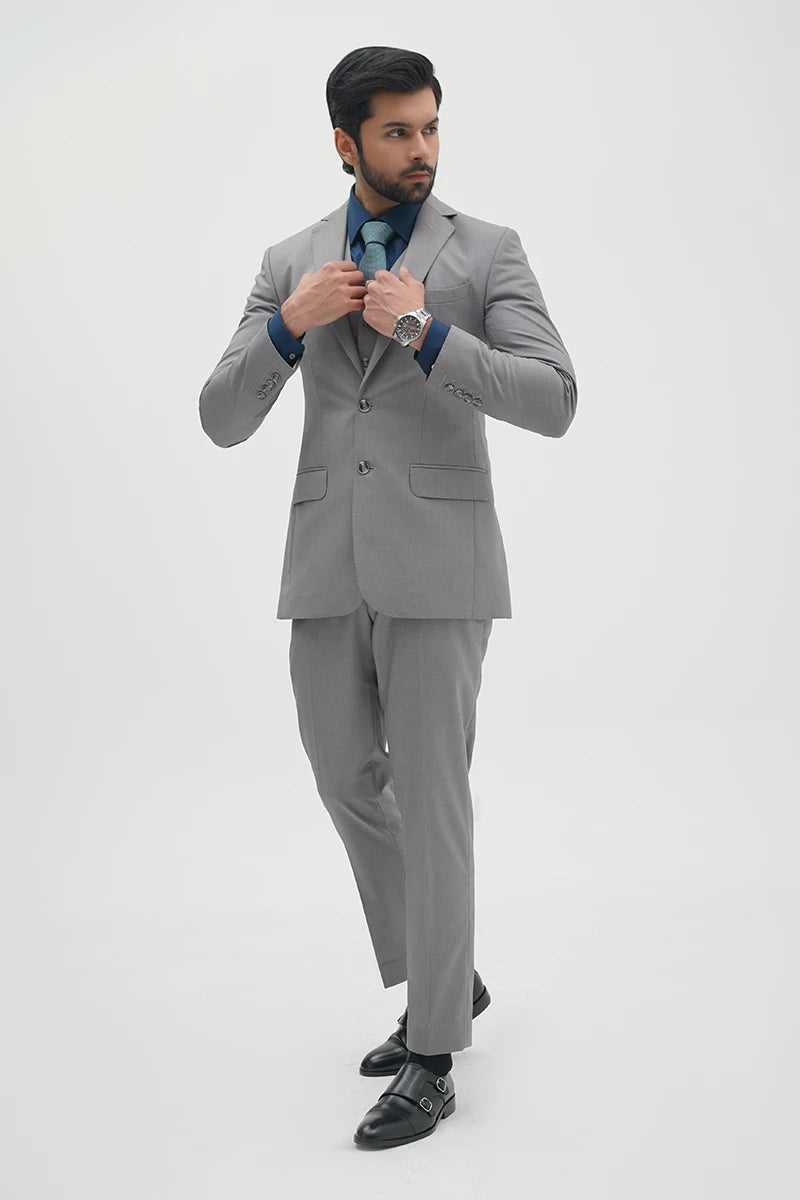 Light Grey Suiting Fabric 3-Piece Groom Valima Suit - Image 2