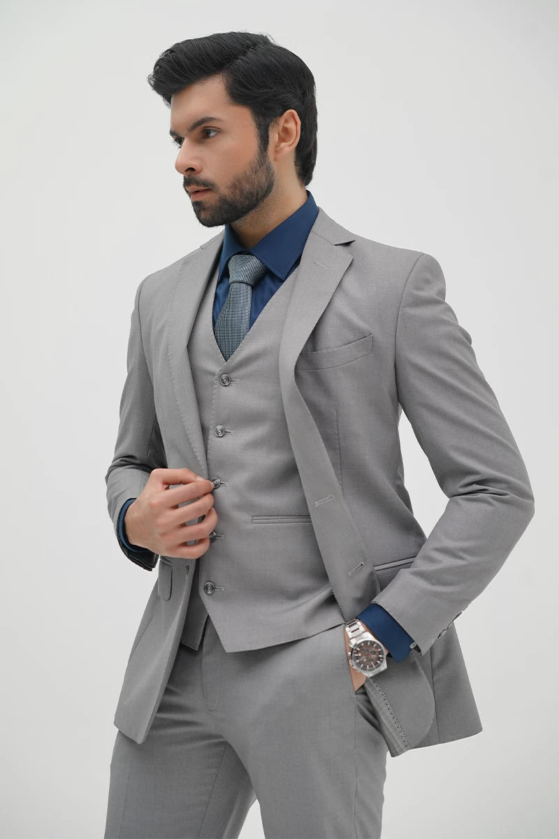 Light Grey Suiting Fabric 3-Piece Groom Valima Suit - Image 3