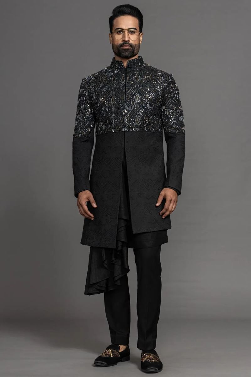 Dark Grey Embellished Italian Sherwani (3-Piece) - Image 1