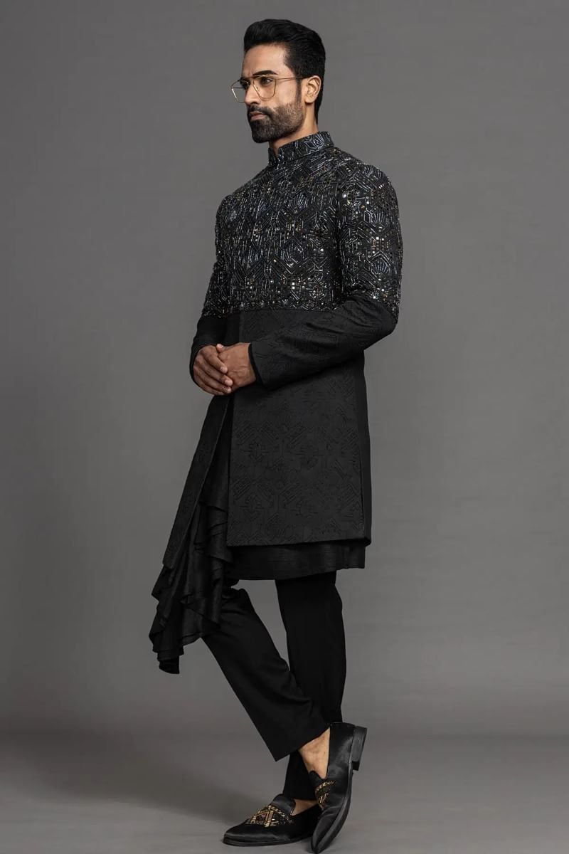 Dark Grey Embellished Italian Sherwani (3-Piece) - Image 3