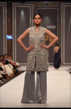 Pakistani Dove Grey Hand-Pearled Jacket with Metallic Trousers (2-Piece) - Image 1