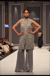 Pakistani Dove Grey Hand-Pearled Jacket with Metallic Trousers (2-Piece) - Image 2