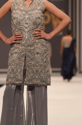 Pakistani Dove Grey Hand-Pearled Jacket with Metallic Trousers (2-Piece) - Image 3