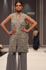 Pakistani Dove Grey Hand-Pearled Jacket with Metallic Trousers (2-Piece) - Image 5