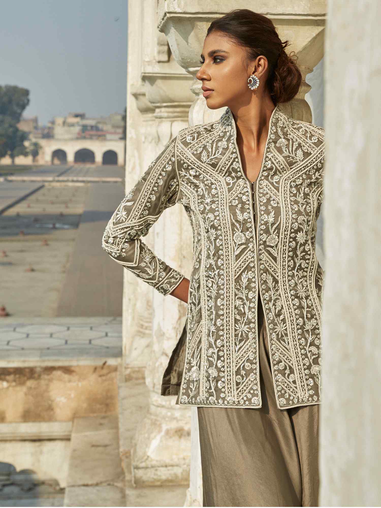 Pakistani Charcoal Grey Embroidered Organza & Raw Silk Jacket (2-Piece) - Image 2