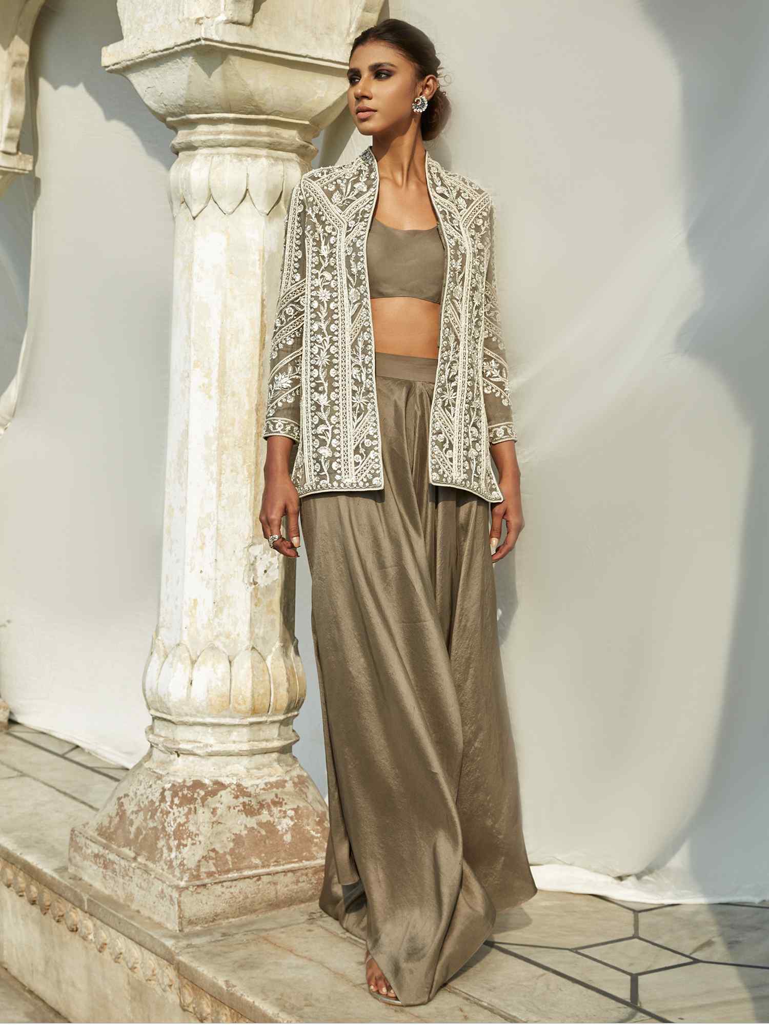 Pakistani Charcoal Grey Embroidered Organza & Raw Silk Jacket (2-Piece) - Image 3