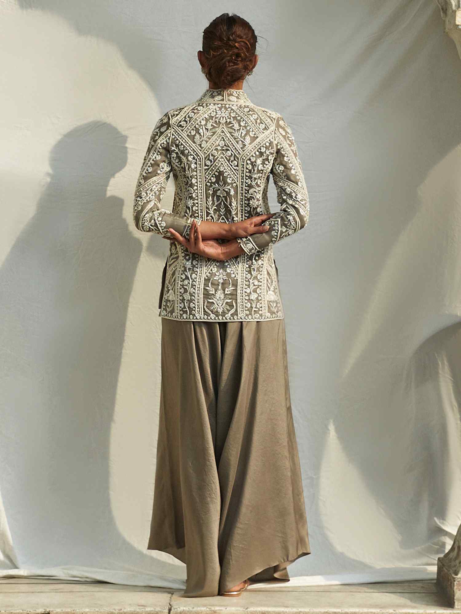 Pakistani Charcoal Grey Embroidered Organza & Raw Silk Jacket (2-Piece) - Image 4