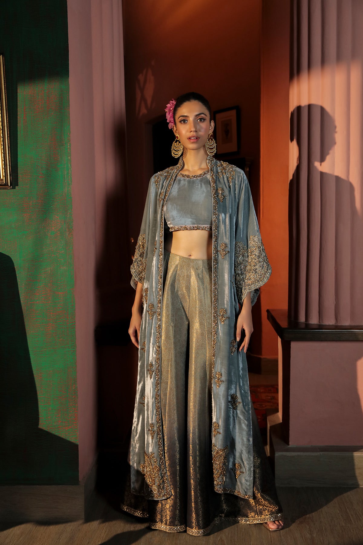 Pakistani Grey Zardozi Velvet Long Slit Jacket (3-Piece) - Image 1