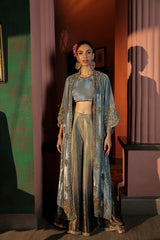 Pakistani Grey Zardozi Velvet Long Slit Jacket (3-Piece) - Image 2
