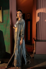 Pakistani Grey Zardozi Velvet Long Slit Jacket (3-Piece) - Image 3