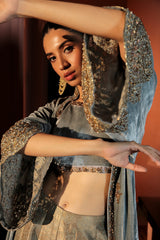 Pakistani Grey Zardozi Velvet Long Slit Jacket (3-Piece) - Image 4