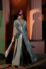 Pakistani Grey Zardozi Velvet Long Slit Jacket (3-Piece) - Image 5