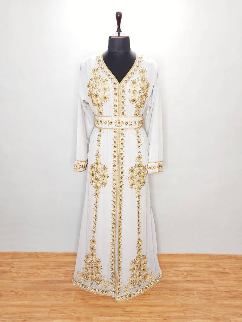 Grey Beaded Crystal Georgette Moroccan Kaftan (2-Piece) - Image 1