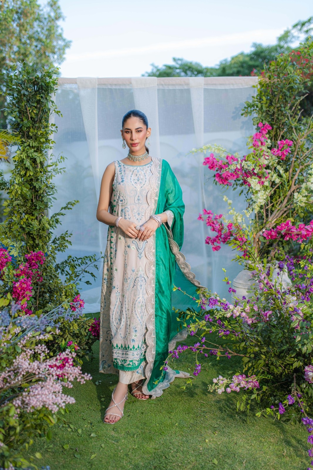 Grey and Green Embroidered Georgette Kaftan (3-Piece) - Image 2