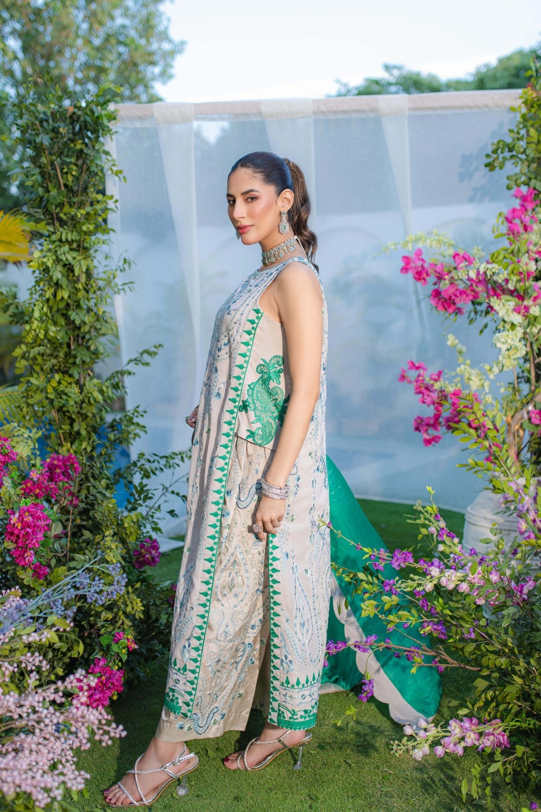 Grey and Green Embroidered Georgette Kaftan (3-Piece) - Image 3