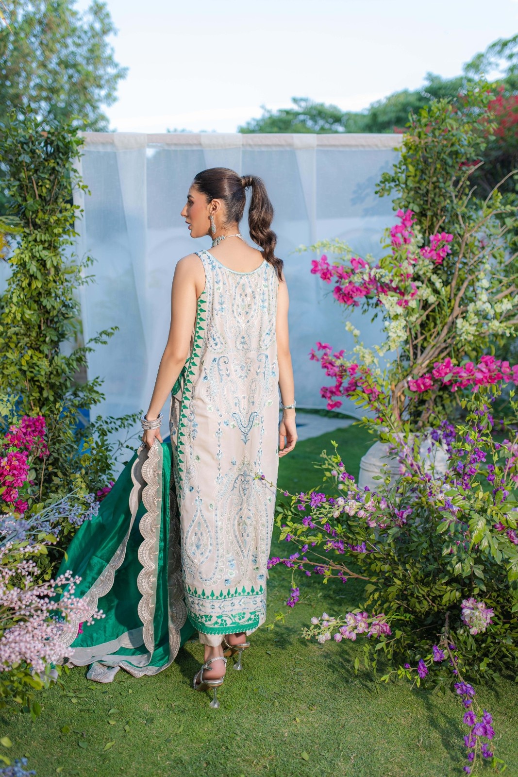 Grey and Green Embroidered Georgette Kaftan (3-Piece) - Image 4