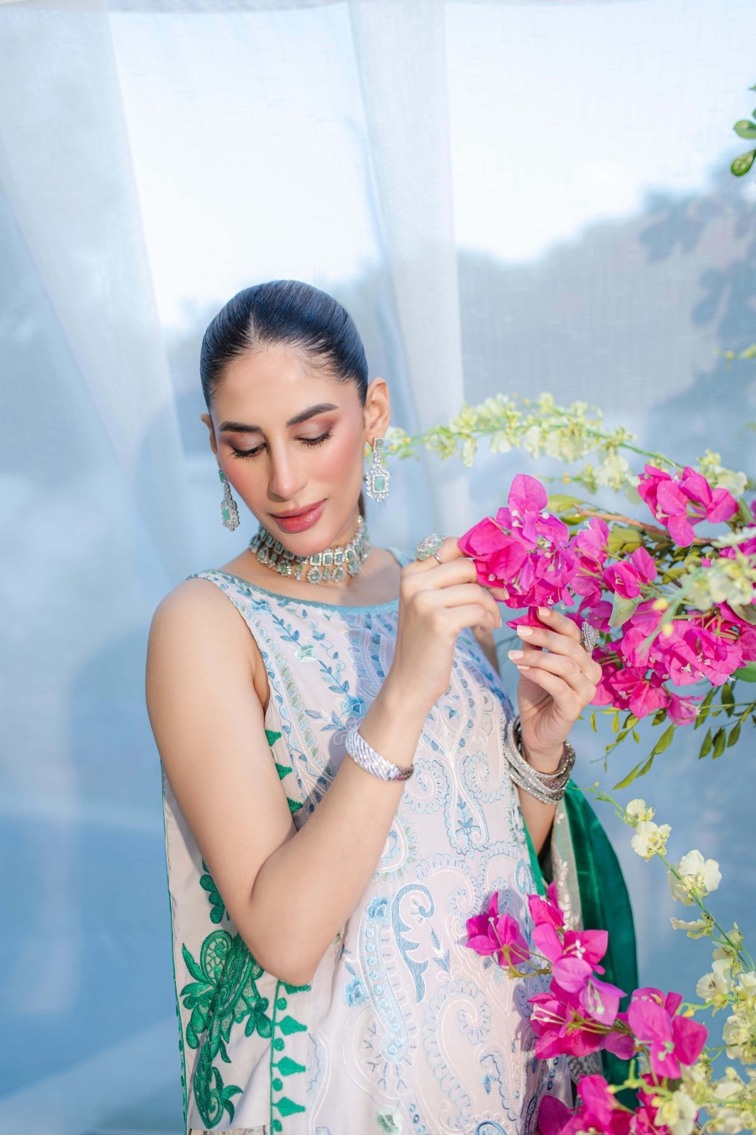 Grey and Green Embroidered Georgette Kaftan (3-Piece) - Image 5