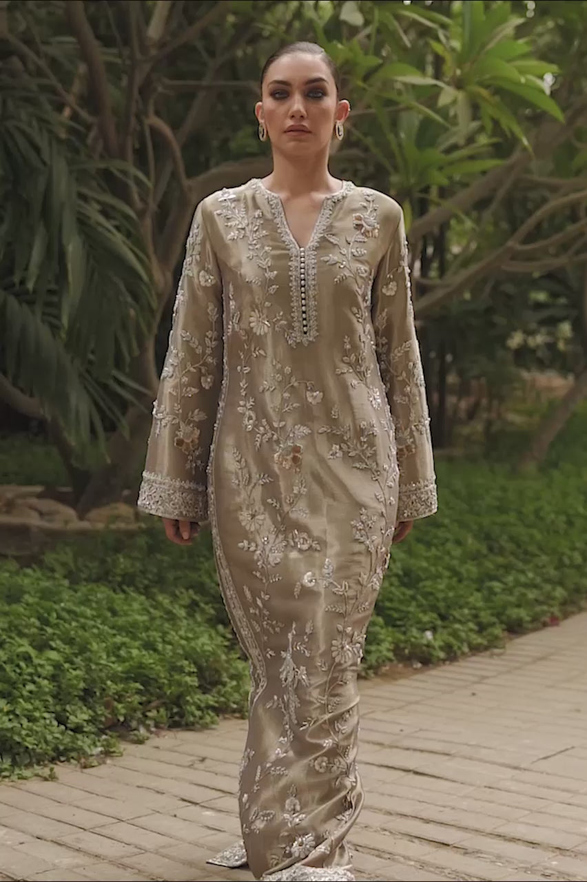Metallic Slate Grey Hand Embroidered Tissue Kaftan (2-Piece) - Image 4