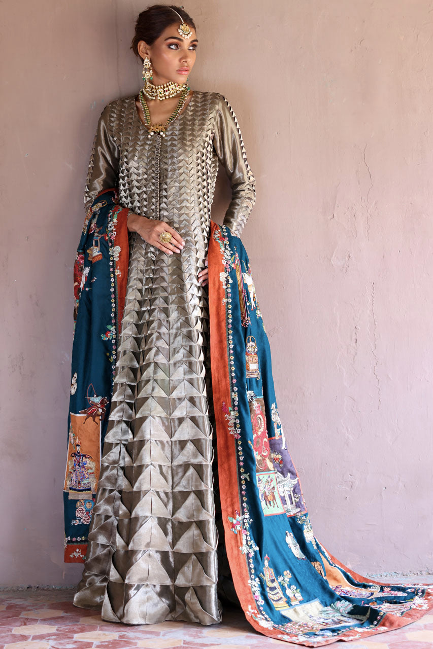 Metallic Grey-Beige Textured Silk Kalidar (3-Piece) - Image 1