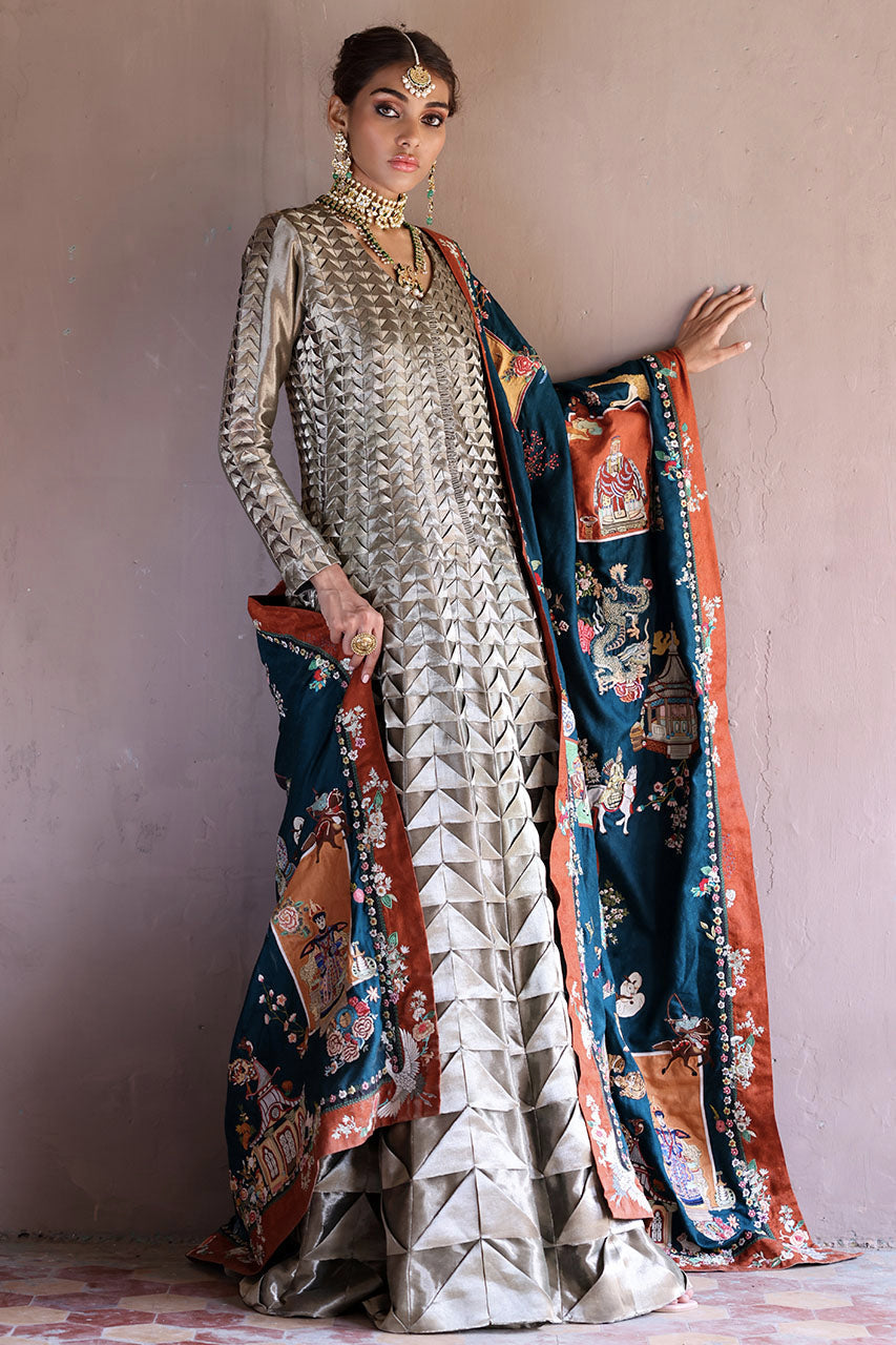 Metallic Grey-Beige Textured Silk Kalidar (3-Piece) - Image 3