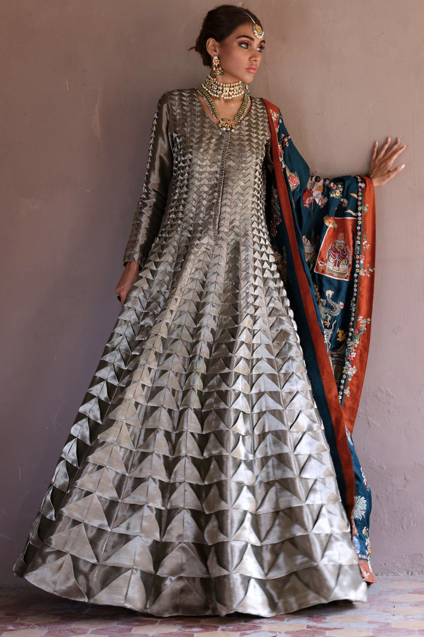 Metallic Grey-Beige Textured Silk Kalidar (3-Piece) - Image 6