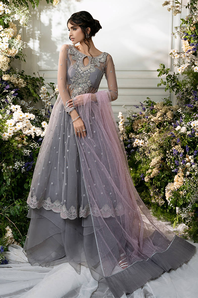Pakistani Mystic Grey Embroidered Net Kalidar Dress (2-Piece) - Image 1