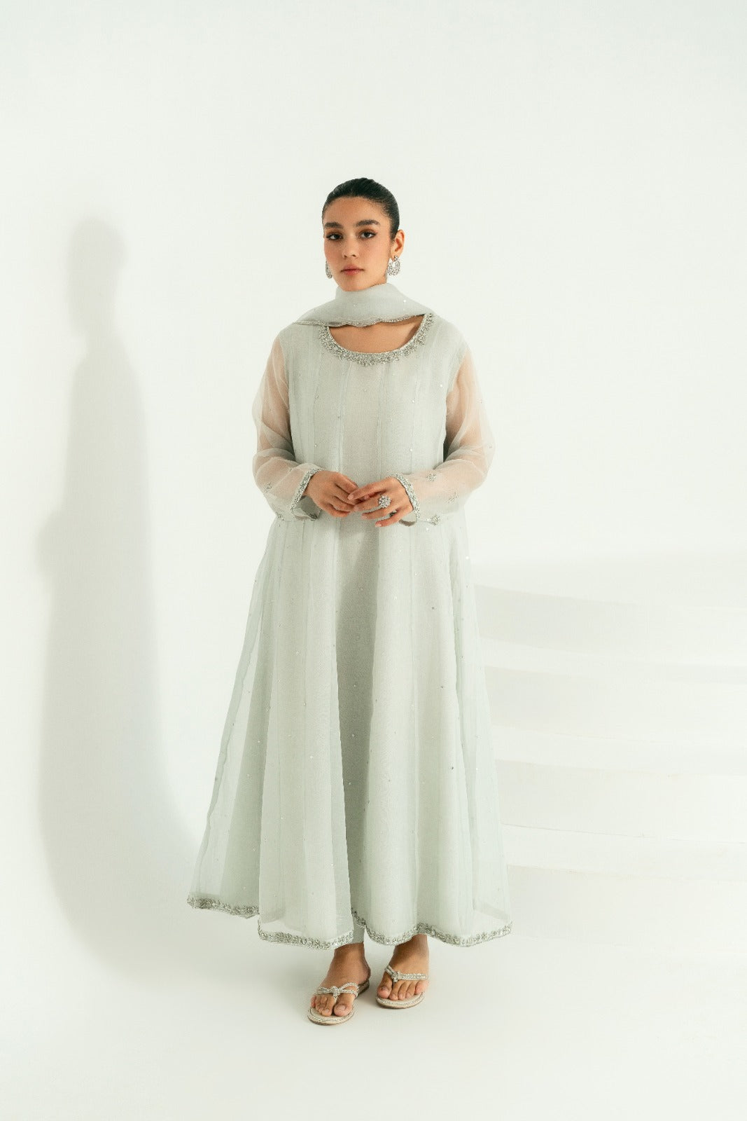 Pakistani Pastel Grey Hand Ada Work Pure Organza Kalidaar (3-Piece) - Image 1