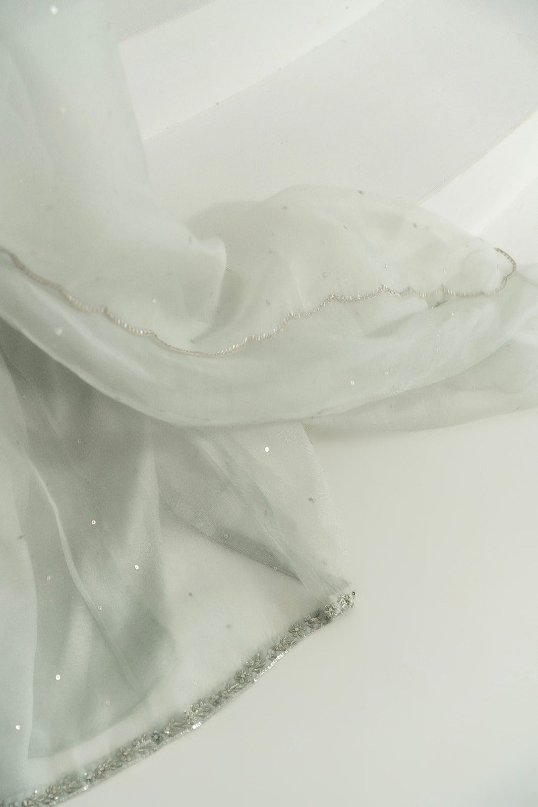 Pakistani Pastel Grey Hand Ada Work Pure Organza Kalidaar (3-Piece) - Image 2