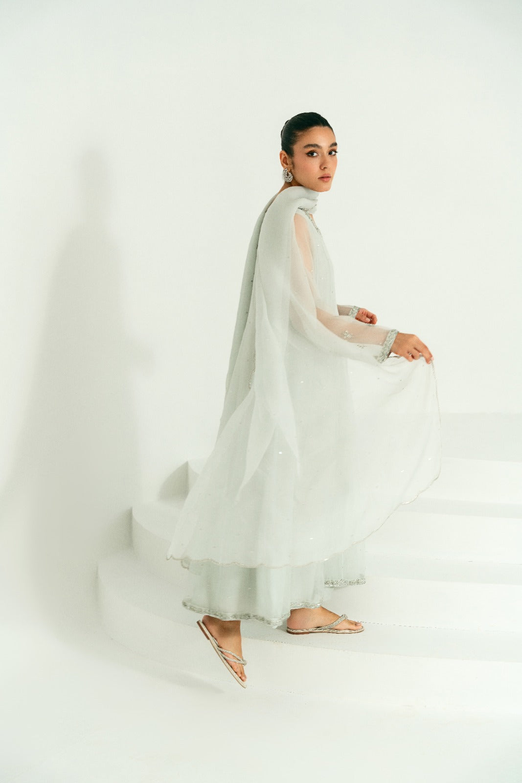 Pakistani Pastel Grey Hand Ada Work Pure Organza Kalidaar (3-Piece) - Image 3