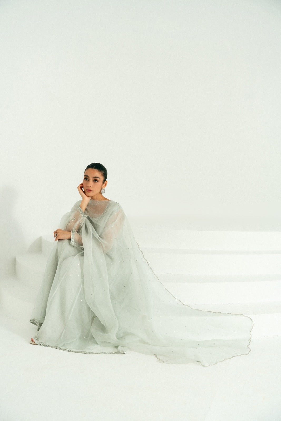 Pakistani Pastel Grey Hand Ada Work Pure Organza Kalidaar (3-Piece) - Image 4