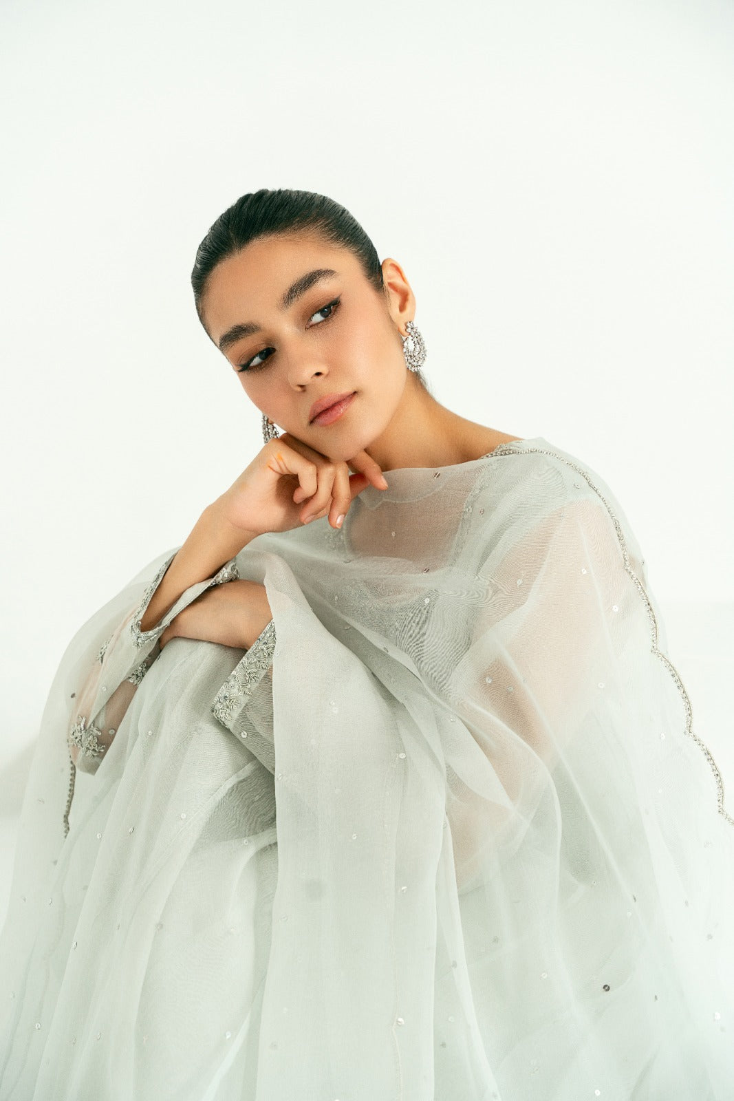 Pakistani Pastel Grey Hand Ada Work Pure Organza Kalidaar (3-Piece) - Image 6