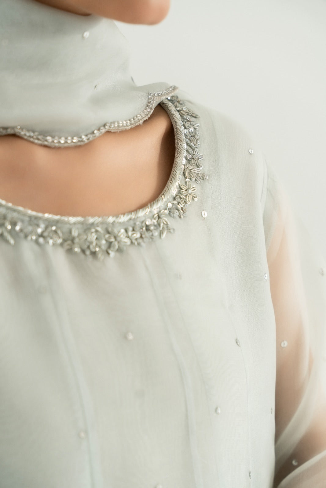 Pakistani Pastel Grey Hand Ada Work Pure Organza Kalidaar (3-Piece) - Image 7