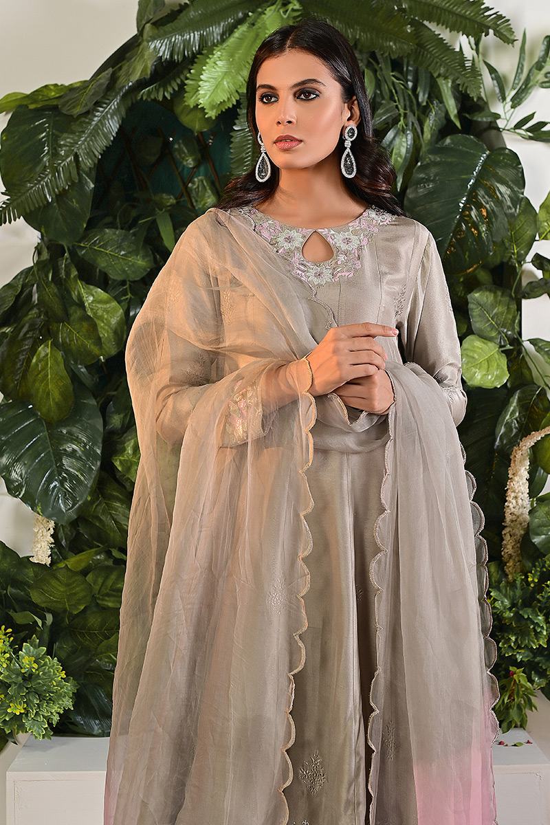 Violet Grey Hand Block Printed Raw Silk Kalidar (3-Piece) - Image 2