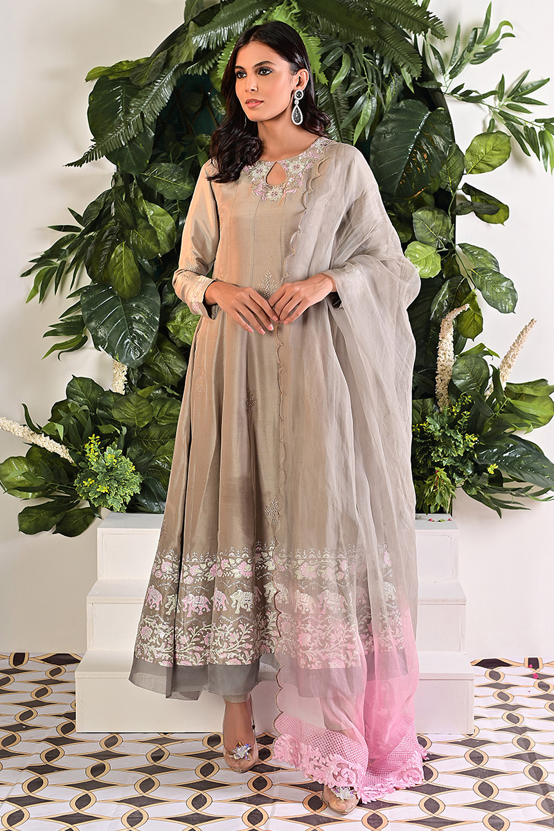 Violet Grey Hand Block Printed Raw Silk Kalidar (3-Piece) - Image 4
