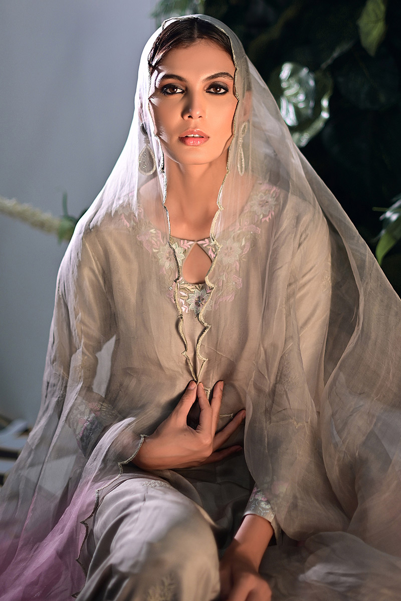 Violet Grey Hand Block Printed Raw Silk Kalidar (3-Piece) - Image 5