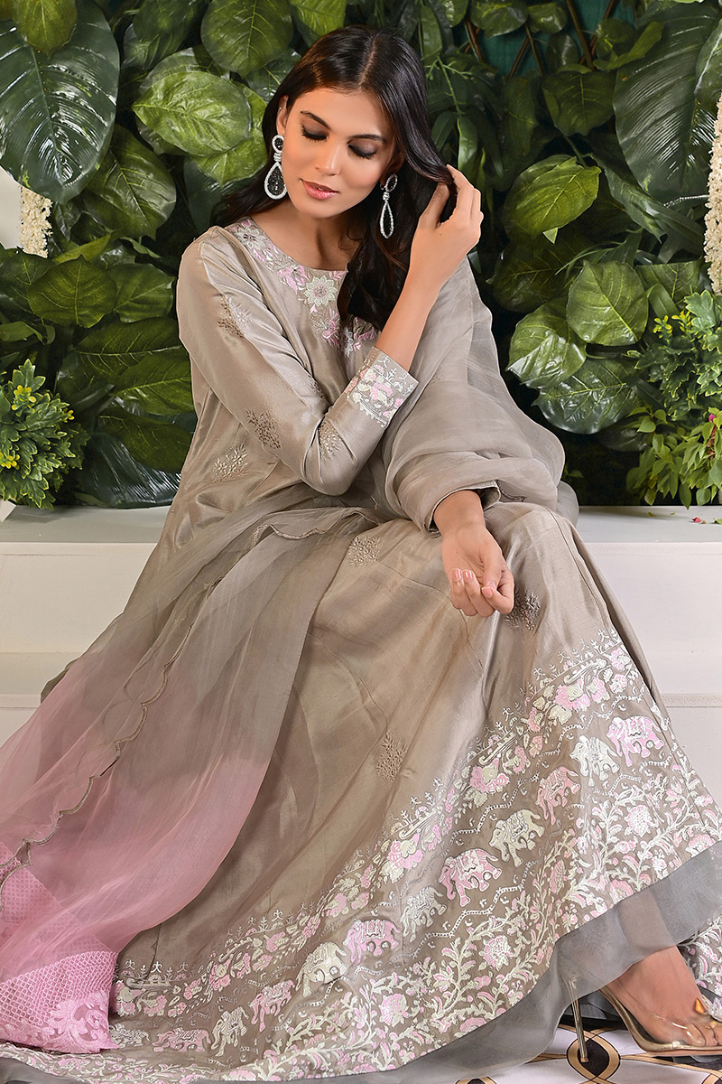 Violet Grey Hand Block Printed Raw Silk Kalidar (3-Piece) - Image 6