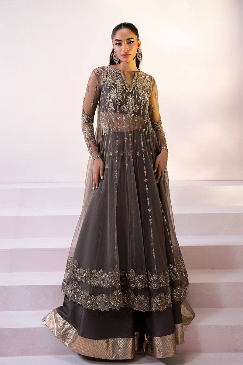 Pakistani Mouse Grey Embroidered Net Kalidar Dress (3-Piece) - Image 1