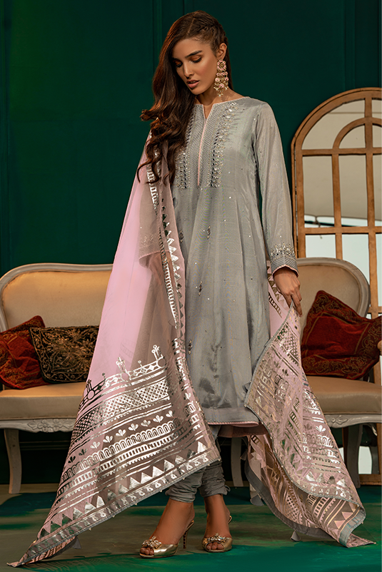 Opal Grey Mirror Work Raw Silk Kalidar Frock (3-Piece) - Image 2