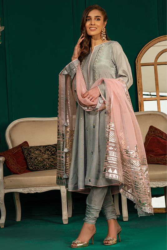 Opal Grey Mirror Work Raw Silk Kalidar Frock (3-Piece) - Image 3