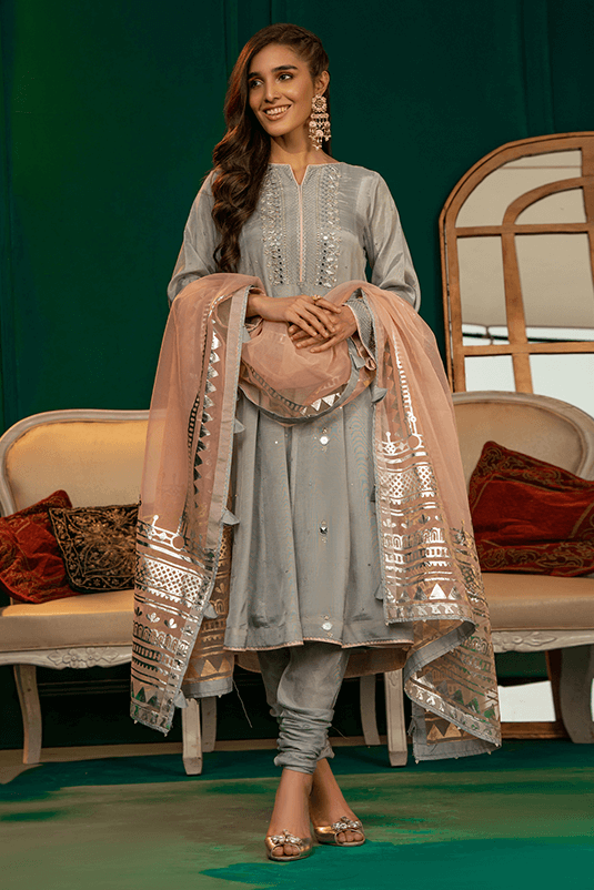 Opal Grey Mirror Work Raw Silk Kalidar Frock (3-Piece) - Image 4