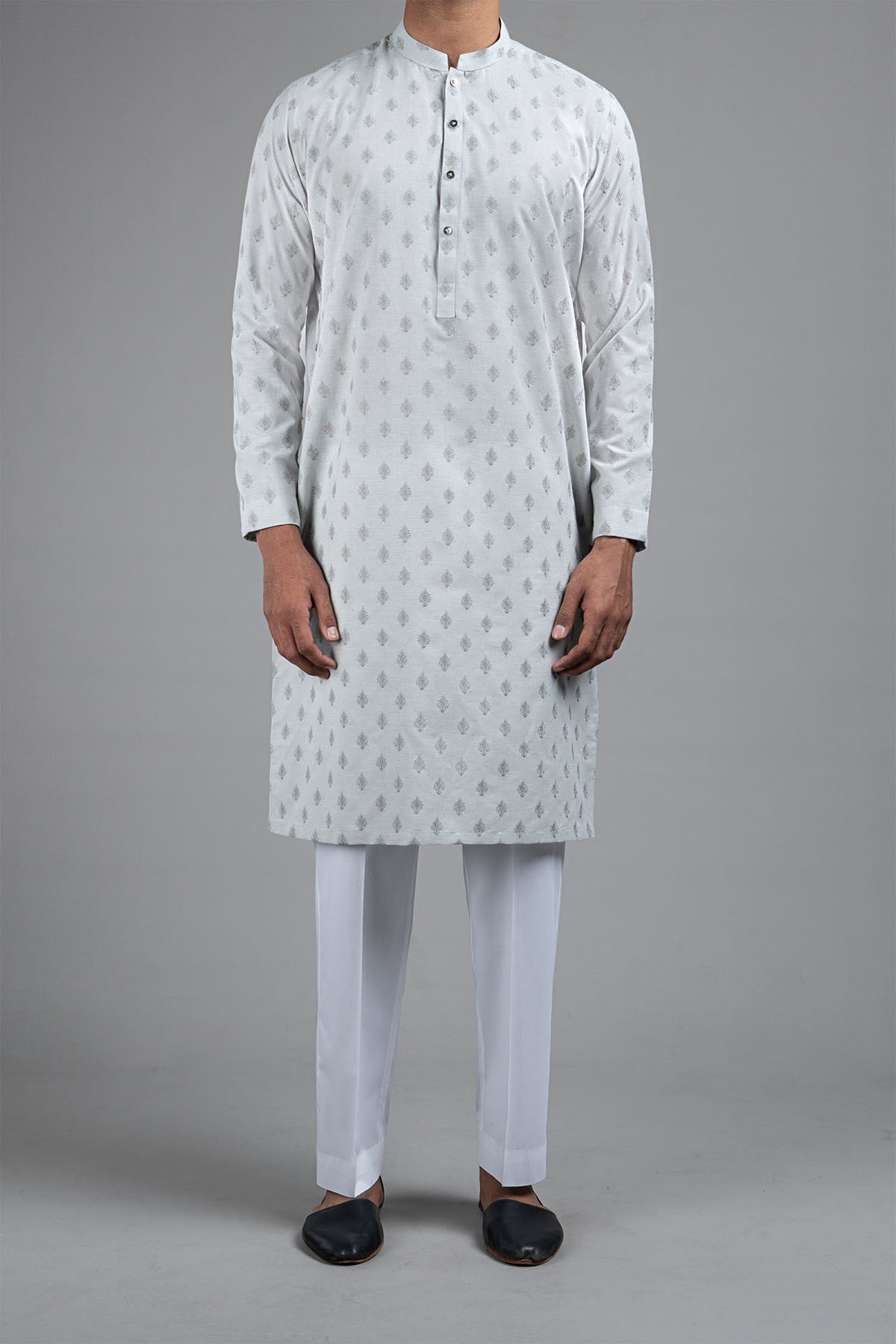 Grey Embroidered Egyptian Cotton Kurta (2-Piece) - Image 1
